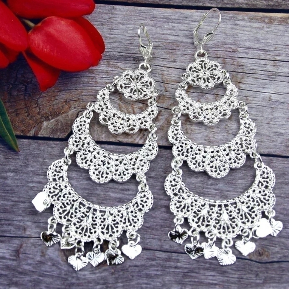 Hanging Earrings in Silver Metal and Pendant Heart Savoyard Style Oriental Weddi - Picture 2 of 3